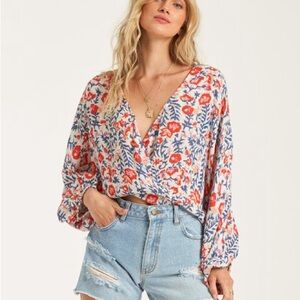Billabong Red and Blue Floral Blouse